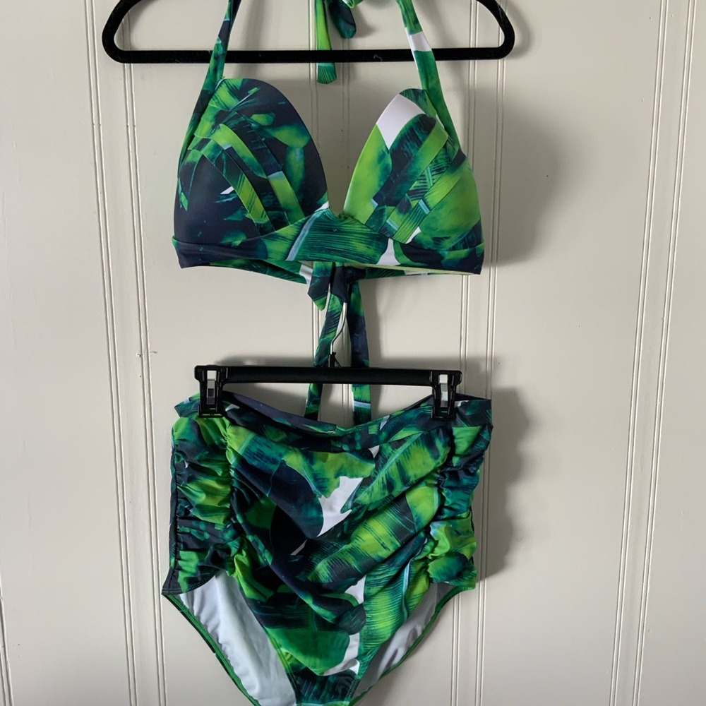 COCOSHIP Green Leaf Print Bikini